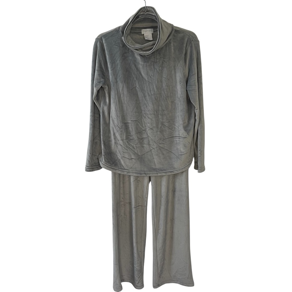 Softies Gray Lounge Velour Set Funnel Neck Wide Leg Pants Comfy Small Cozy Core